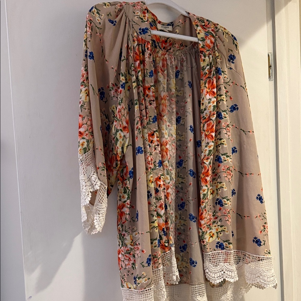 Umgee Floral Cape with Lace Trim - Multicolor